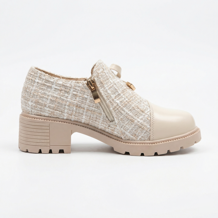 Beige tweed chunky loafer with gold zipper, lug sole platform heel | Grace Aura