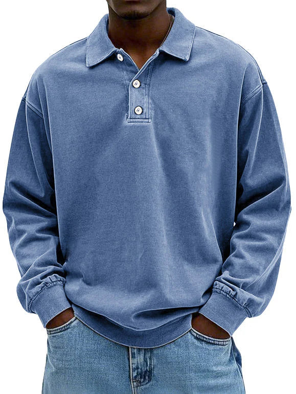 Blue washed collared polo sweatshirt with buttons, worn by a man | Grace Aura