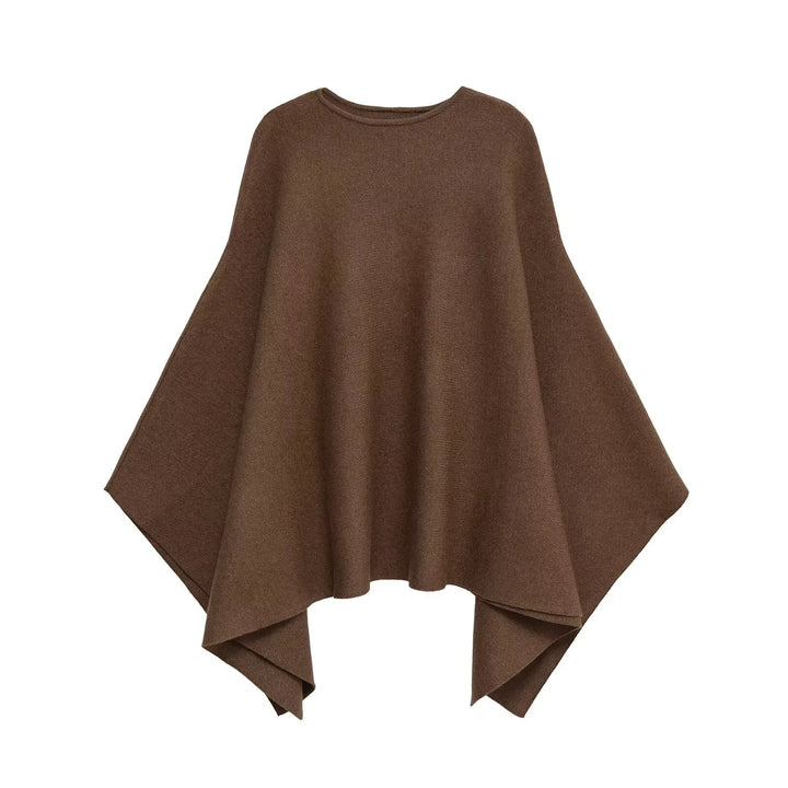 Brown knitted round neck poncho cape, flat lay, draped fabric | Grace Aura