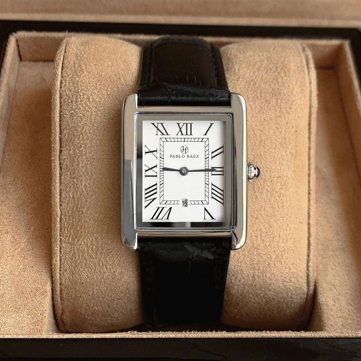 Rectangular silver watch with black leather strap in display box | Grace Aura