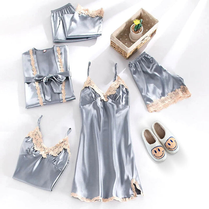 Gray satin lace-trim pajama set with robe, flat lay display | Grace Aura
