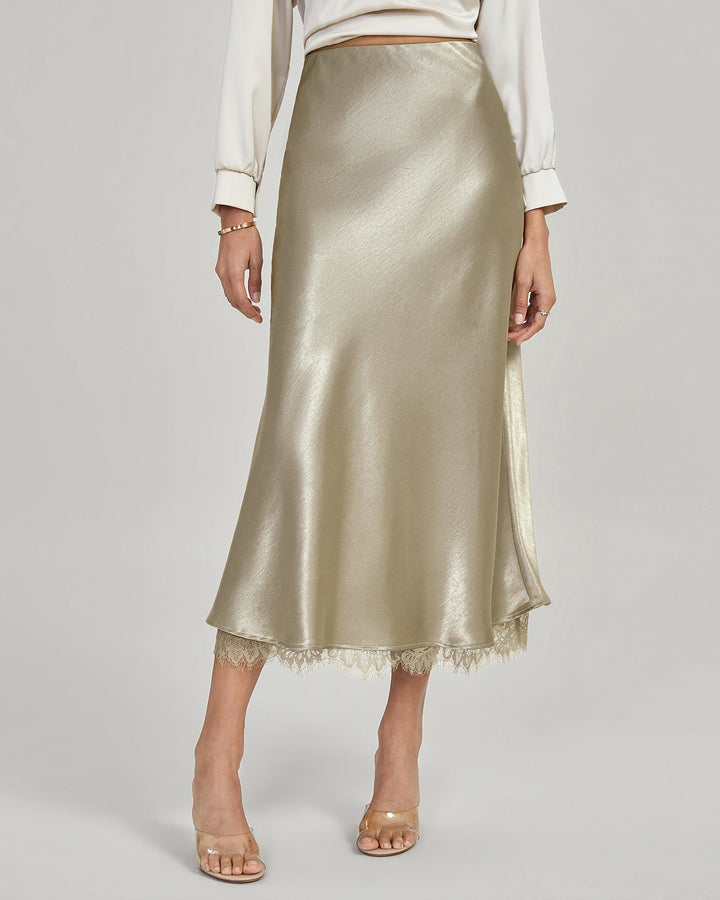 Beige satin midi skirt with lace hem, worn by a woman | Grace Aura