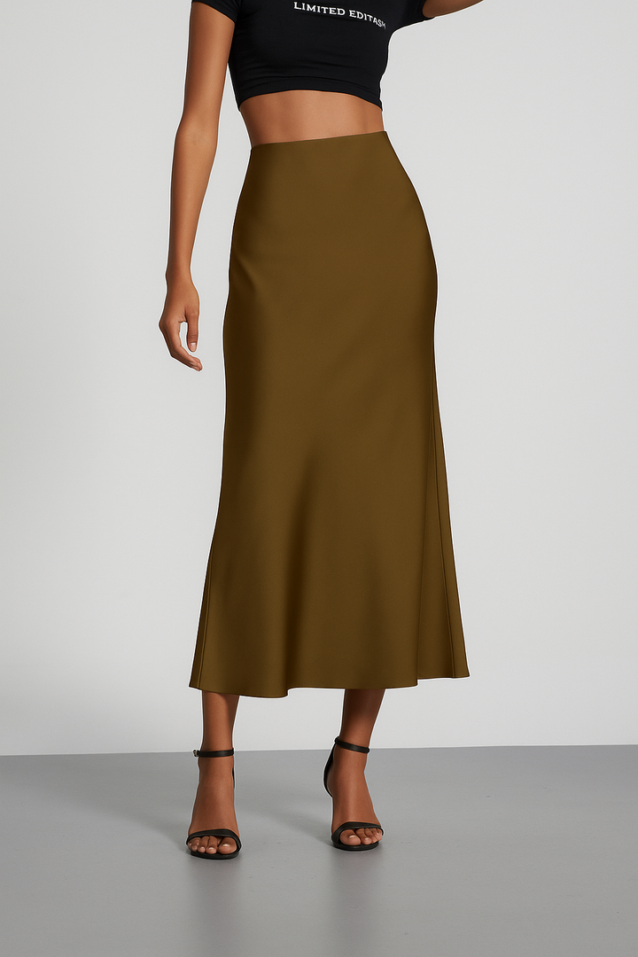 Olive satin midi skirt worn by model with black cropped top | Grace Aura