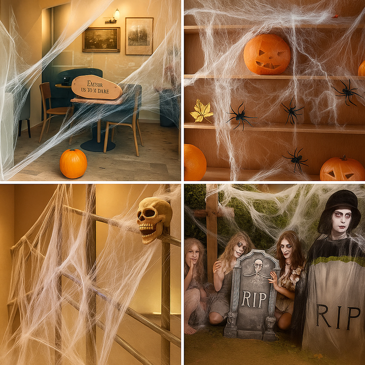 White stretchy spider web decoration draped on shelves, staircase, and pumpkins indoors | Grace Aura