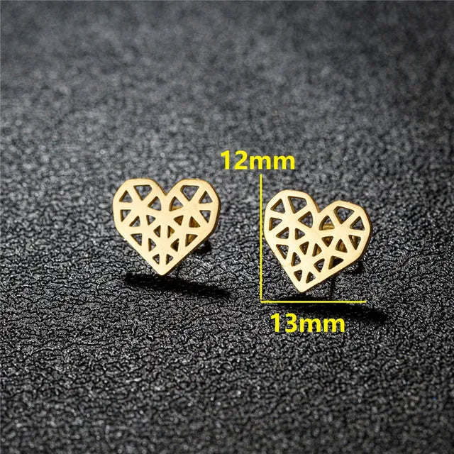 Gold geometric heart stud earrings with cutout pattern, flat lay with measurements | Grace Aura