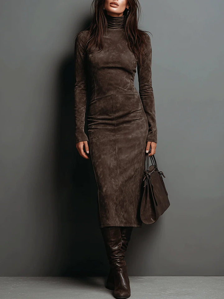 Brown suede turtleneck midi dress worn by woman with matching boots | Grace Aura