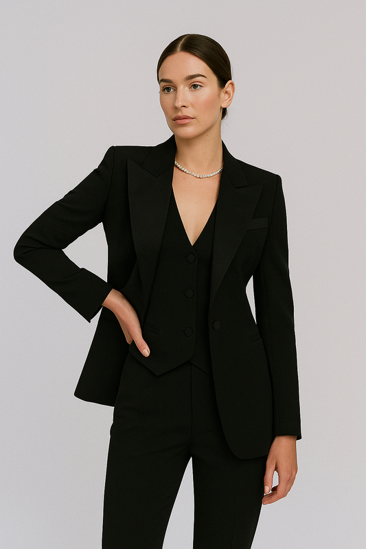 Woman wearing black blazer, vest, and trousers with silver necklace | Grace Aura