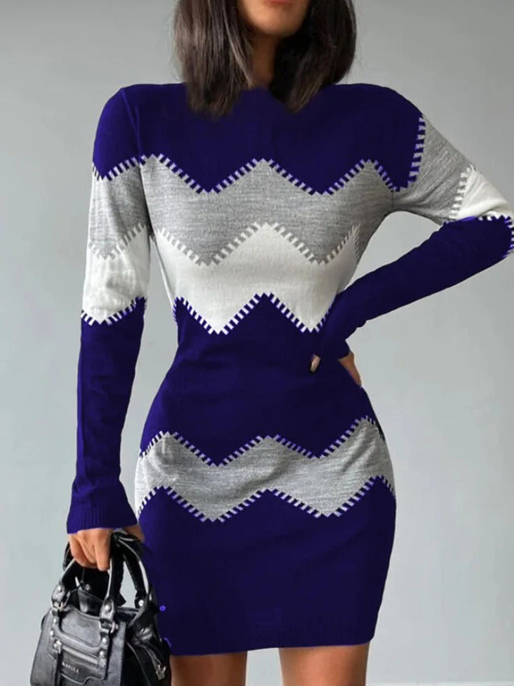 Woman wearing blue and white zigzag knit long sleeve mini dress | Grace Aura