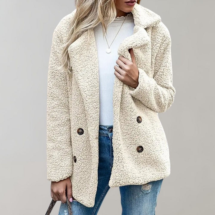 Cream teddy fleece double breasted jacket worn by woman with necklace | Grace Aura