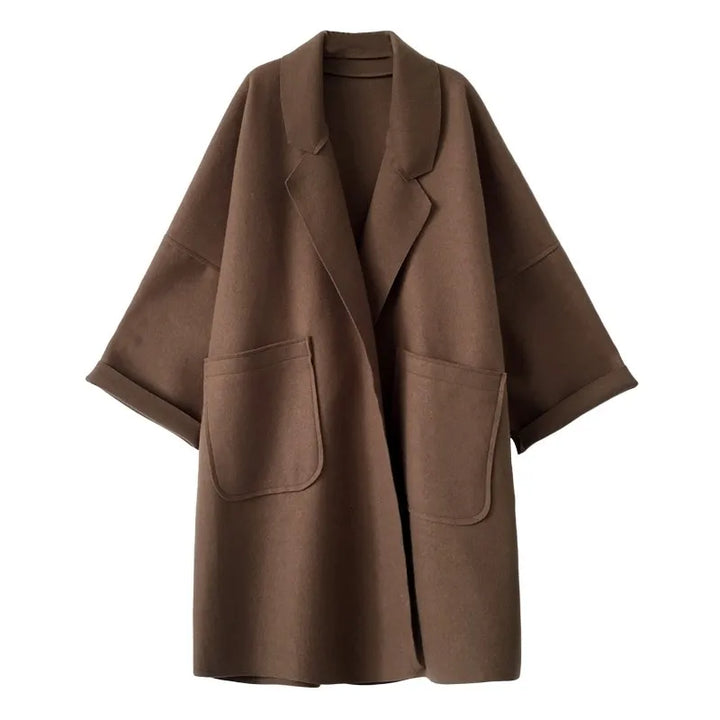 Brown oversized wool coatigan with patch pockets, flat lay display | Grace Aura