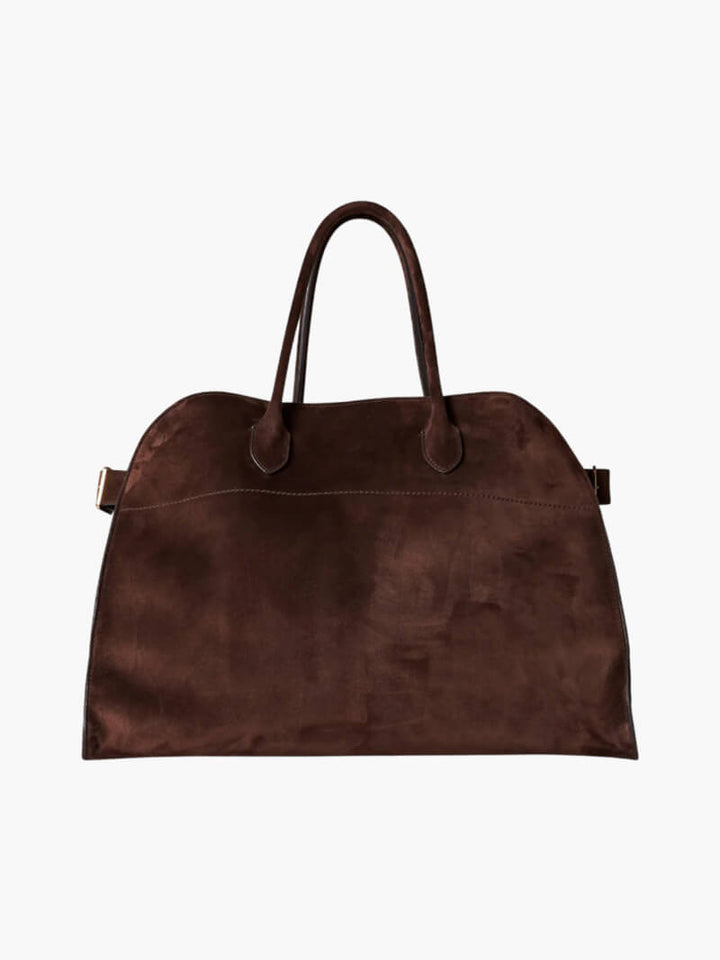 Brown suede tote bag with double handles, shown flat on background | Grace Aura