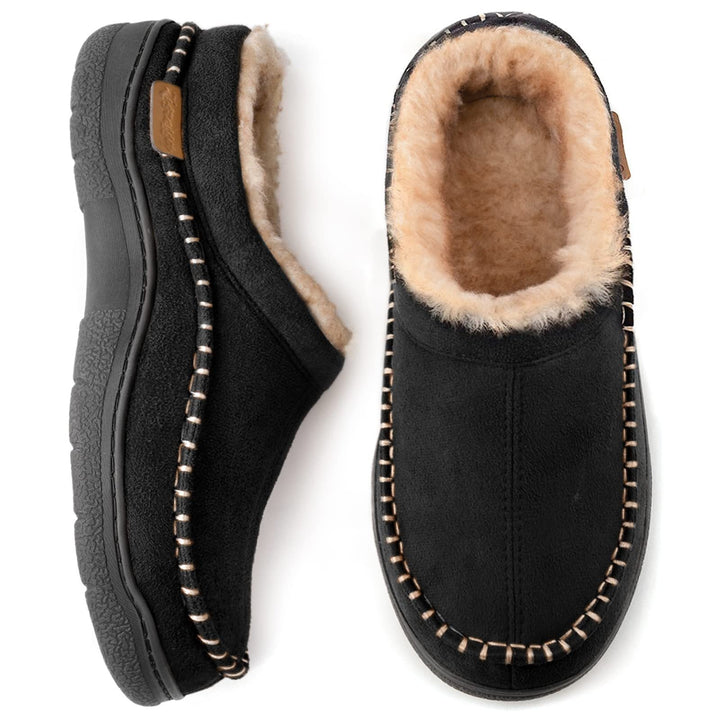 Black suede clog slippers with tan faux fur lining, top and side view | Grace Aura