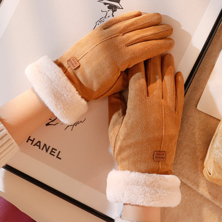 Camel suede gloves with white fur cuffs, worn by hands | Grace Aura