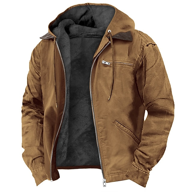 Brown hooded jacket with fleece lining, zippered front, worn on mannequin | Grace Aura