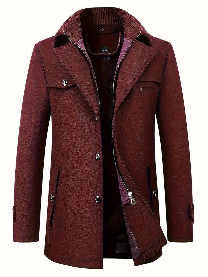 Burgundy wool-blend coat with knit collar, zip-up front, flat lay | Grace Aura