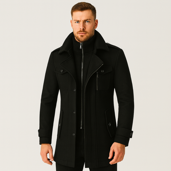 Man wearing black wool coat with zip-up collar, worn outdoors | Grace Aura