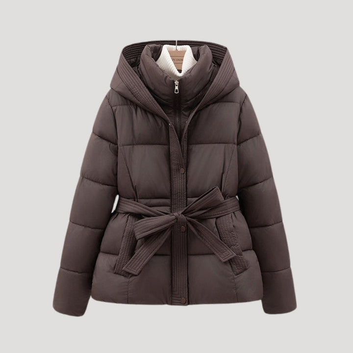 Brown hooded puffer jacket with belt, shown on hanger flat | Grace Aura