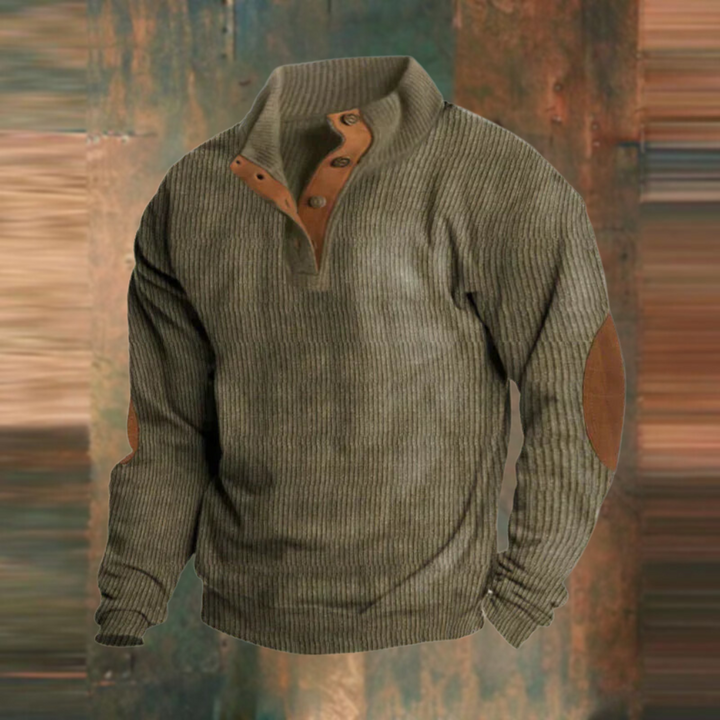 Gray ribbed knit quarter-zip sweater with tan elbow patches, on mannequin | Grace Aura