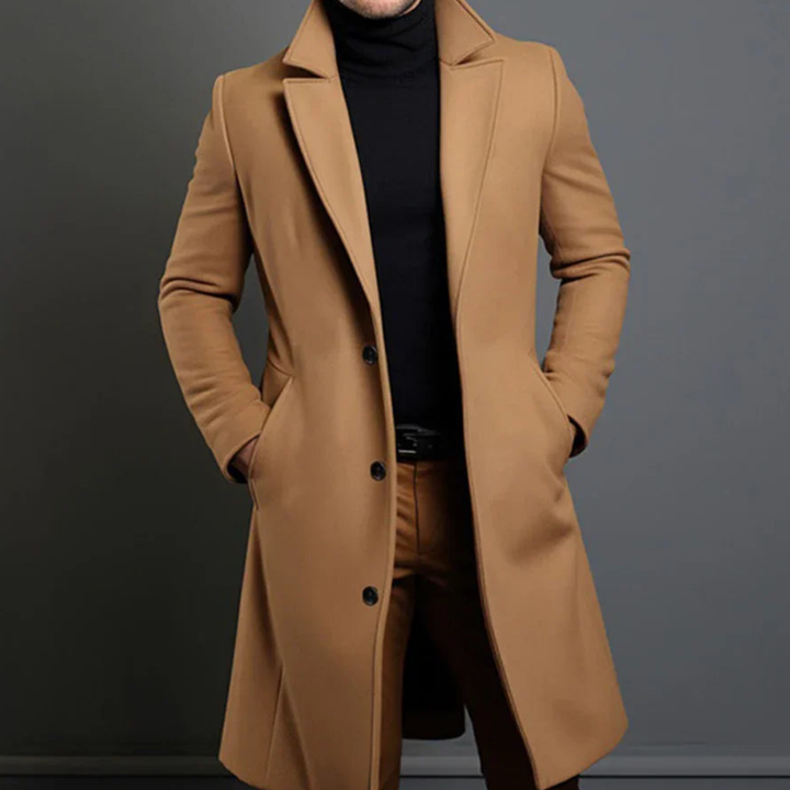 Camel wool trench coat worn by man, single breasted, mid length style | Grace Aura