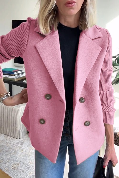 Pink double-breasted blazer with knit sleeves worn by woman | Grace Aura
