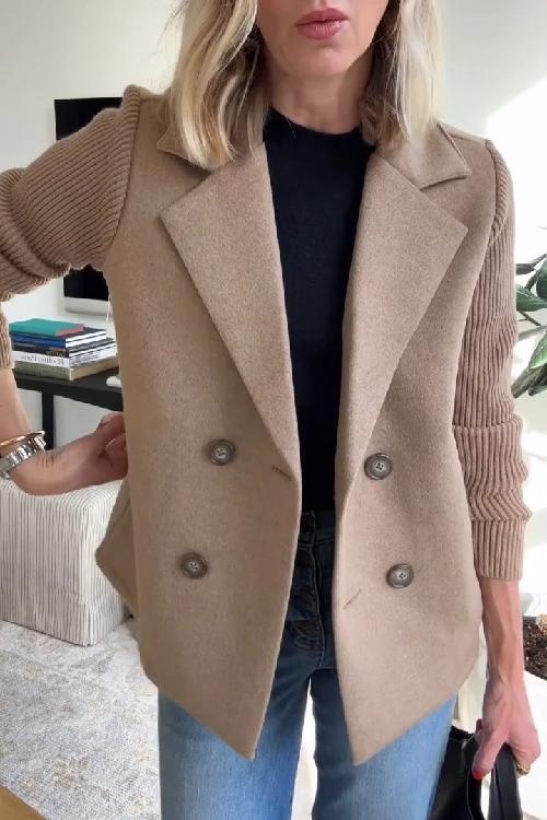 Camel double-breasted blazer with knit sleeves, worn by woman, indoors | Grace Aura