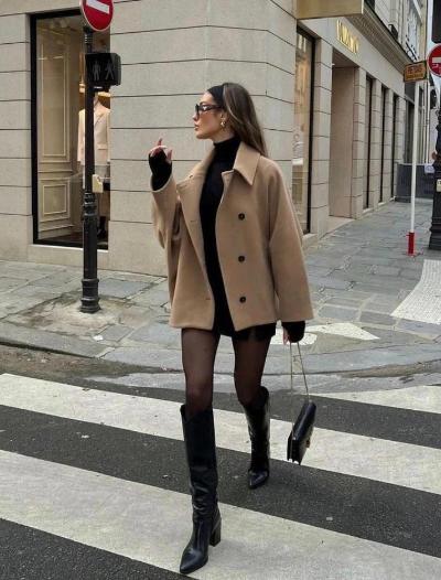 Camel wool oversized short trench coat worn by woman outdoors | Grace Aura