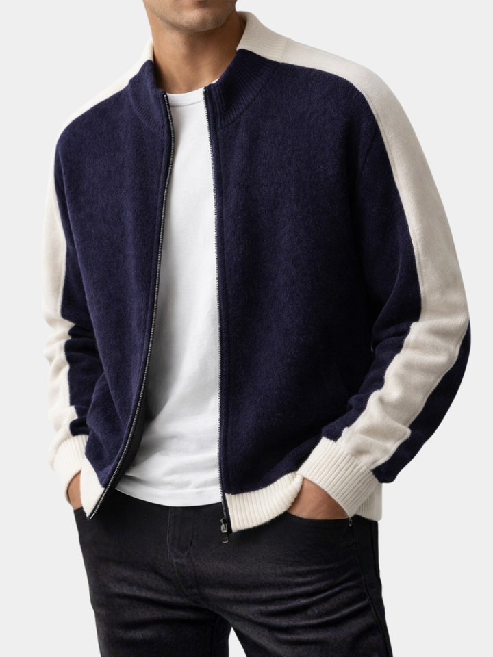 Man wearing navy and cream color-block knit zip-up cardigan sweater | Grace Aura