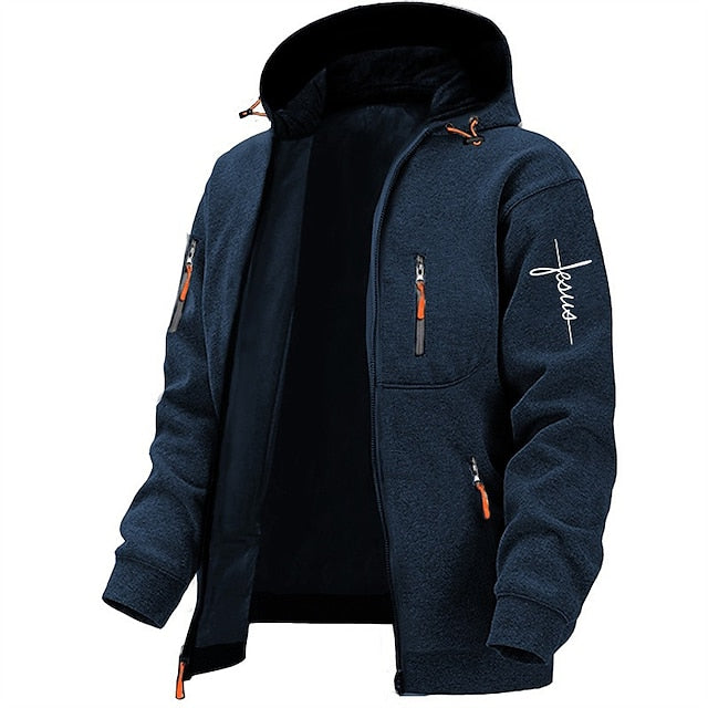 Navy blue fleece zip-up hooded jacket with orange zippers, worn by person | Grace Aura