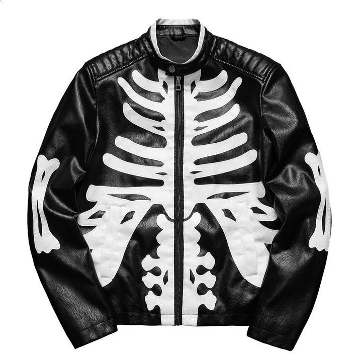Black faux leather jacket with white skeleton rib cage print, flat lay | Grace Aura