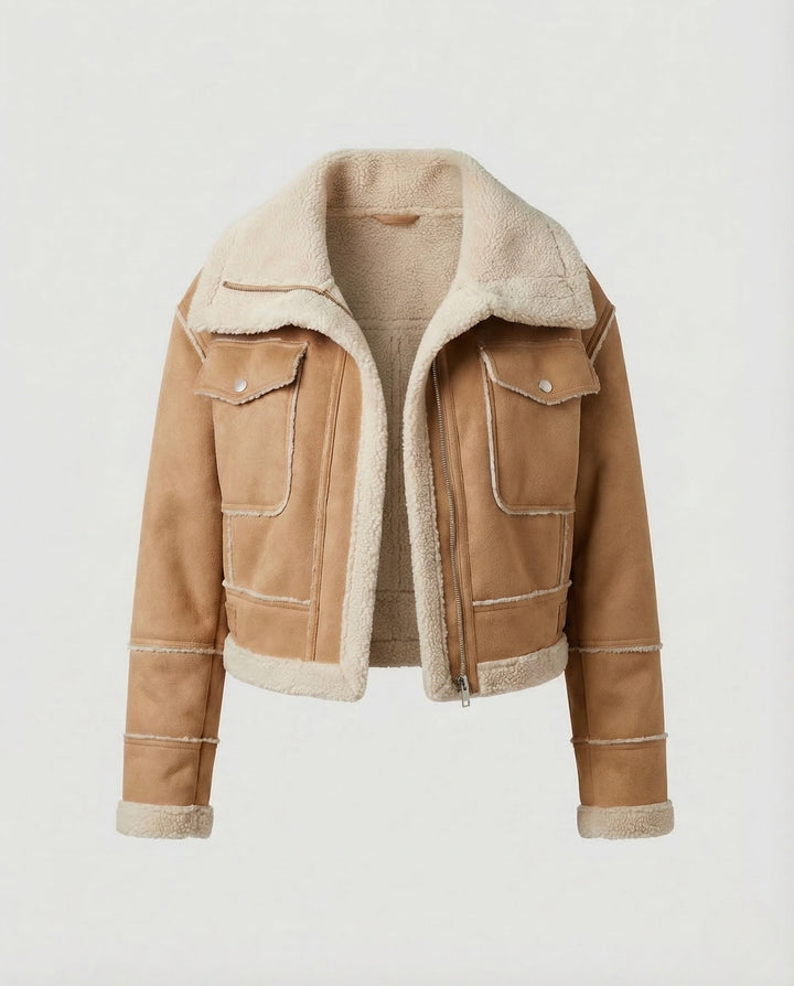 Tan faux shearling aviator jacket with cropped fit, shown flat | Grace Aura