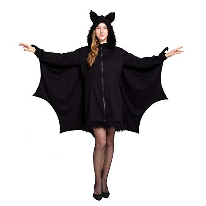 Woman in the black bat costume with the wings spread, front view