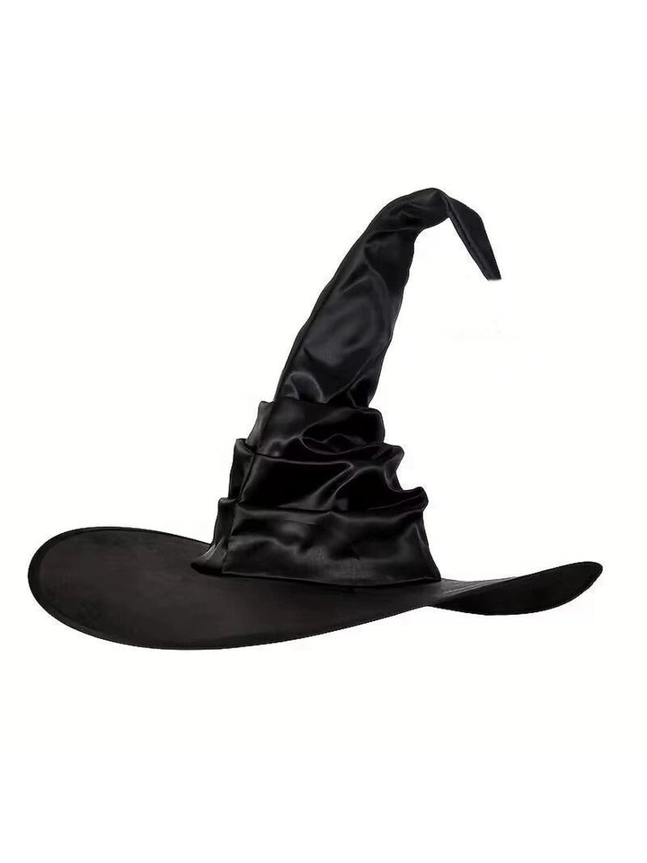 Black satin witch hat with ruched crown and wavy brim