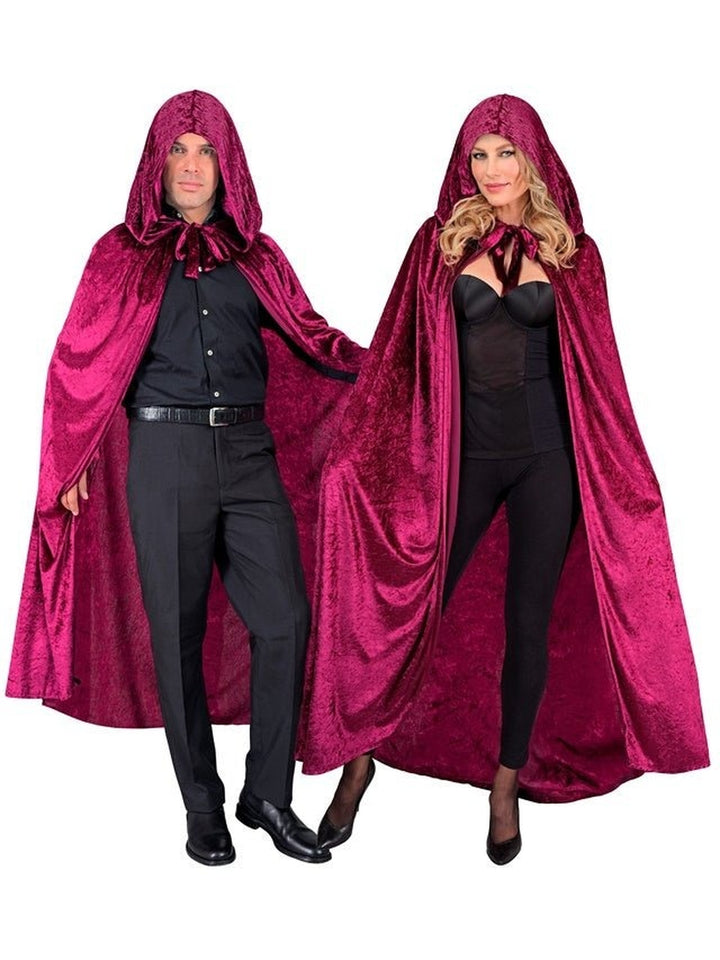 Man and woman wearing the burgundy hooded velvet cape