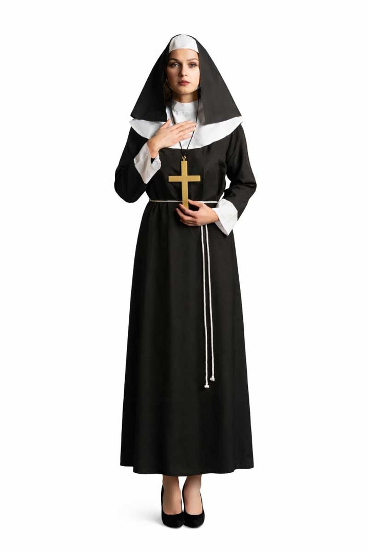 Classic nun costume with veil, cross and rope belt, front view