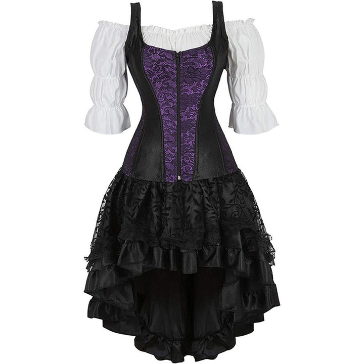 Purple lace corset with white blouse and black high-low skirt