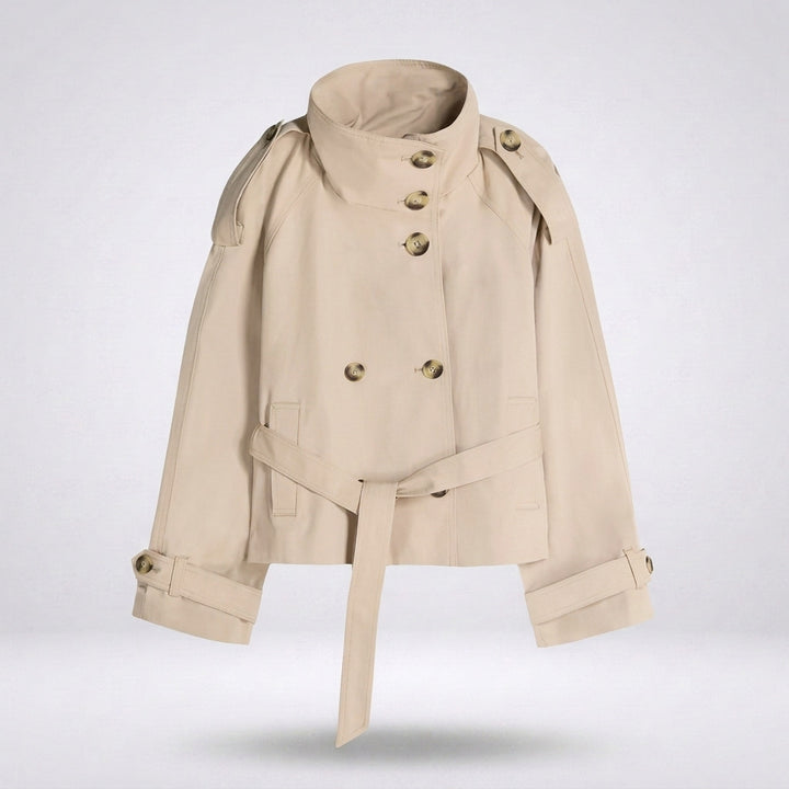 Beige cropped trench coat with belt, double-breasted buttons, high collar, floating display | Grace Aura