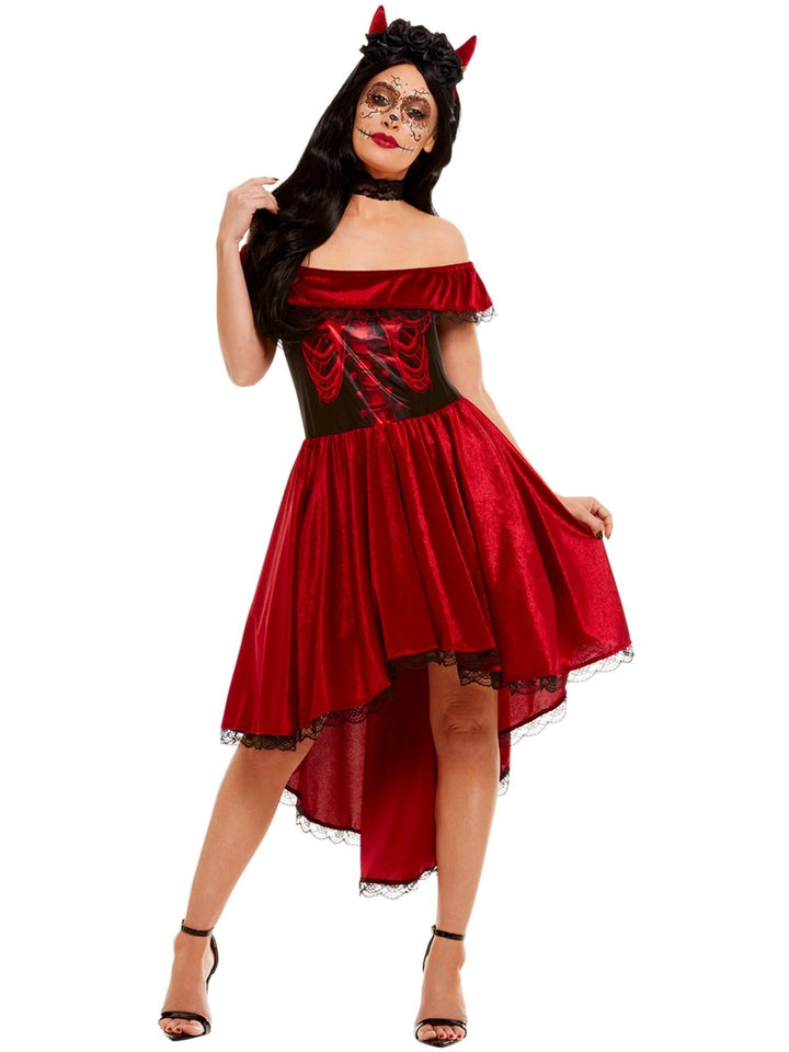 Woman in the red Day of the Dead devil costume with horns and roses headband