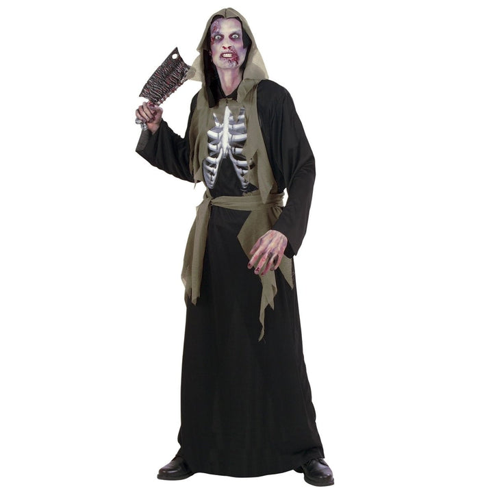 Man wearing black hooded robe with skeleton ribcage design, holding prop knife | Grace Aura