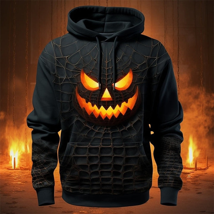 Black hoodie with glowing pumpkin face and spiderweb print, worn by model | Grace Aura
