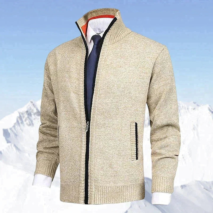 Beige zip-up cardigan with stand collar, shown on mannequin torso | Grace Aura