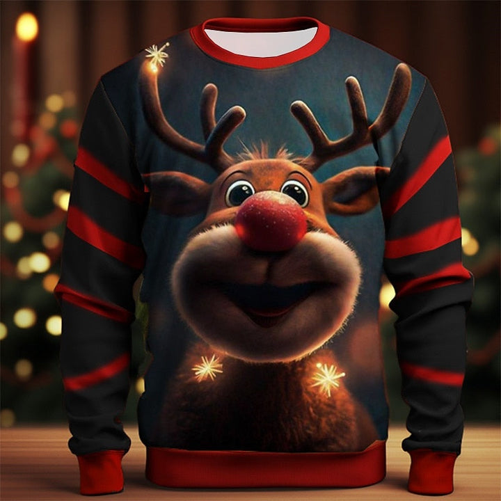 Black Christmas sweatshirt with smiling reindeer print and red striped sleeves, flat lay | Grace Aura