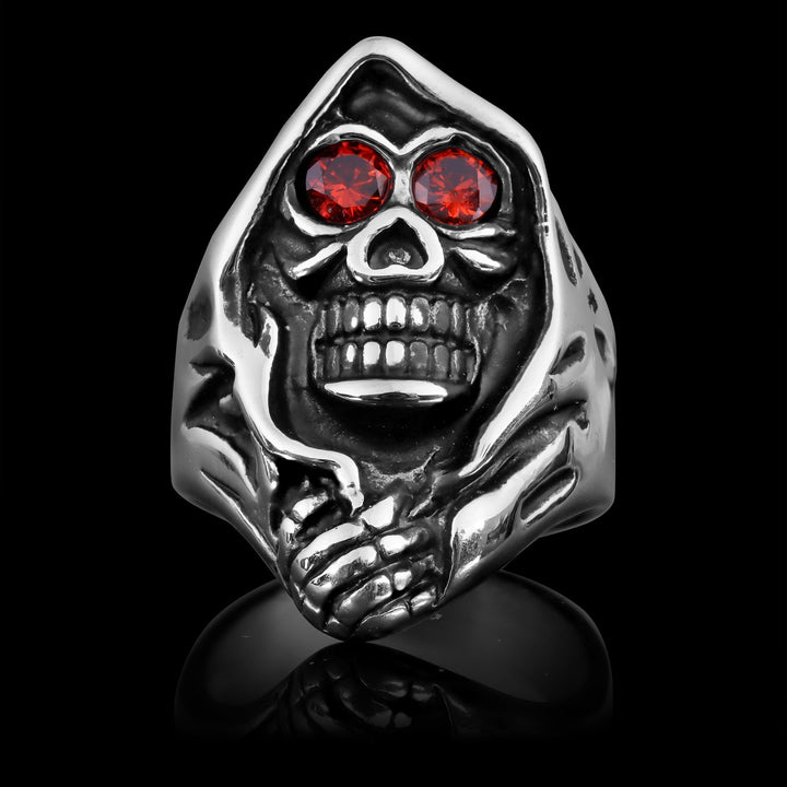 Red Eyed Grim Reaper Ring | Hooded Skull | Stainless Steel