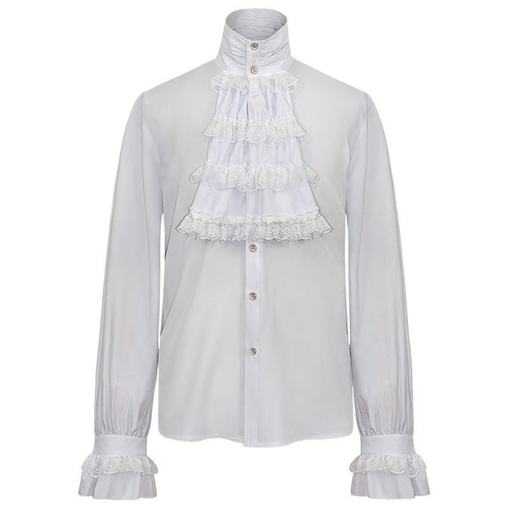 White ruffled Victorian-style shirt with lace jabot, worn by a person | Grace Aura