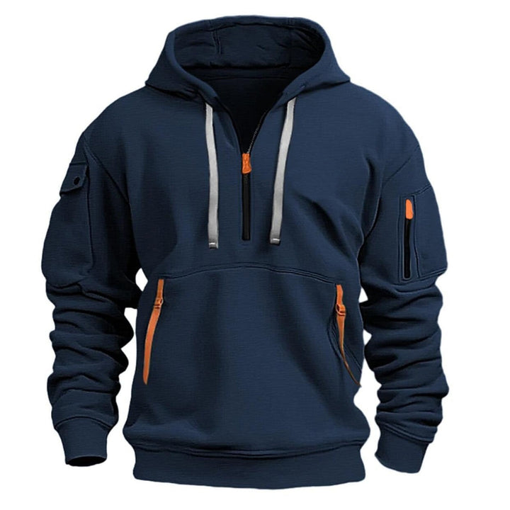Navy blue quarter zip hoodie with orange zippers, shown on mannequin | Grace Aura