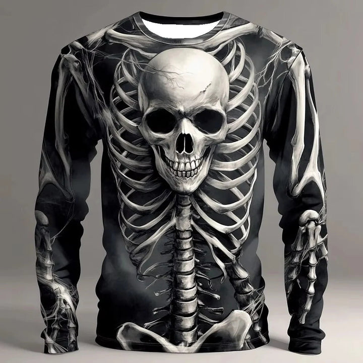 Black and white long sleeve top with realistic skull skeleton print, worn by model | Grace Aura