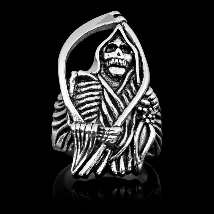 Grim Reaper Ring Men | Stainless Steel | Scythe | Bony Hands | Silver