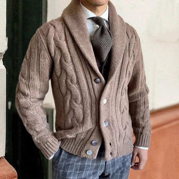 Man wearing brown cable knit shawl collar cardigan over shirt and tie | Grace Aura