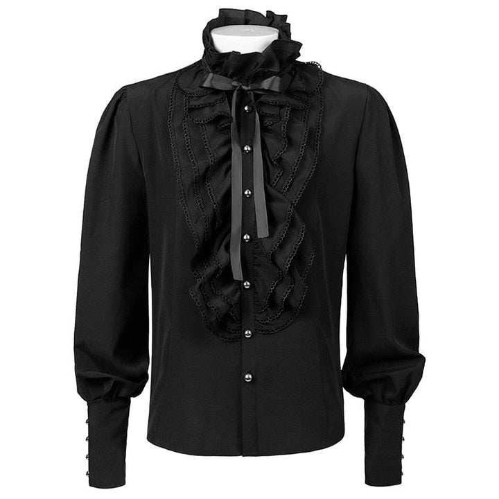Black ruffled-collar shirt with bow and lace, on mannequin | Grace Aura