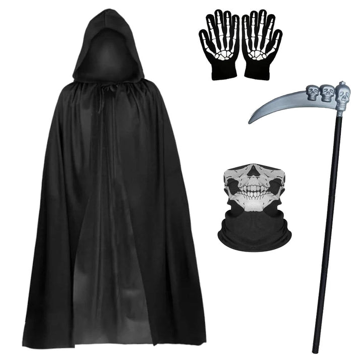 Grim Reaper Costume Set | Hooded Cloak | Skull Mask | Scythe