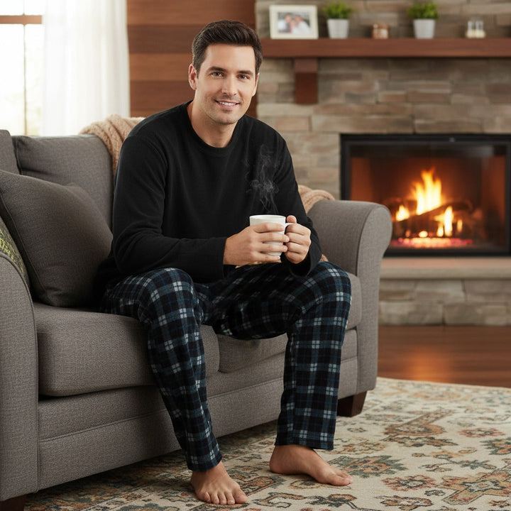 Man wearing black top and check pyjama trousers, seated by fireplace | Grace Aura